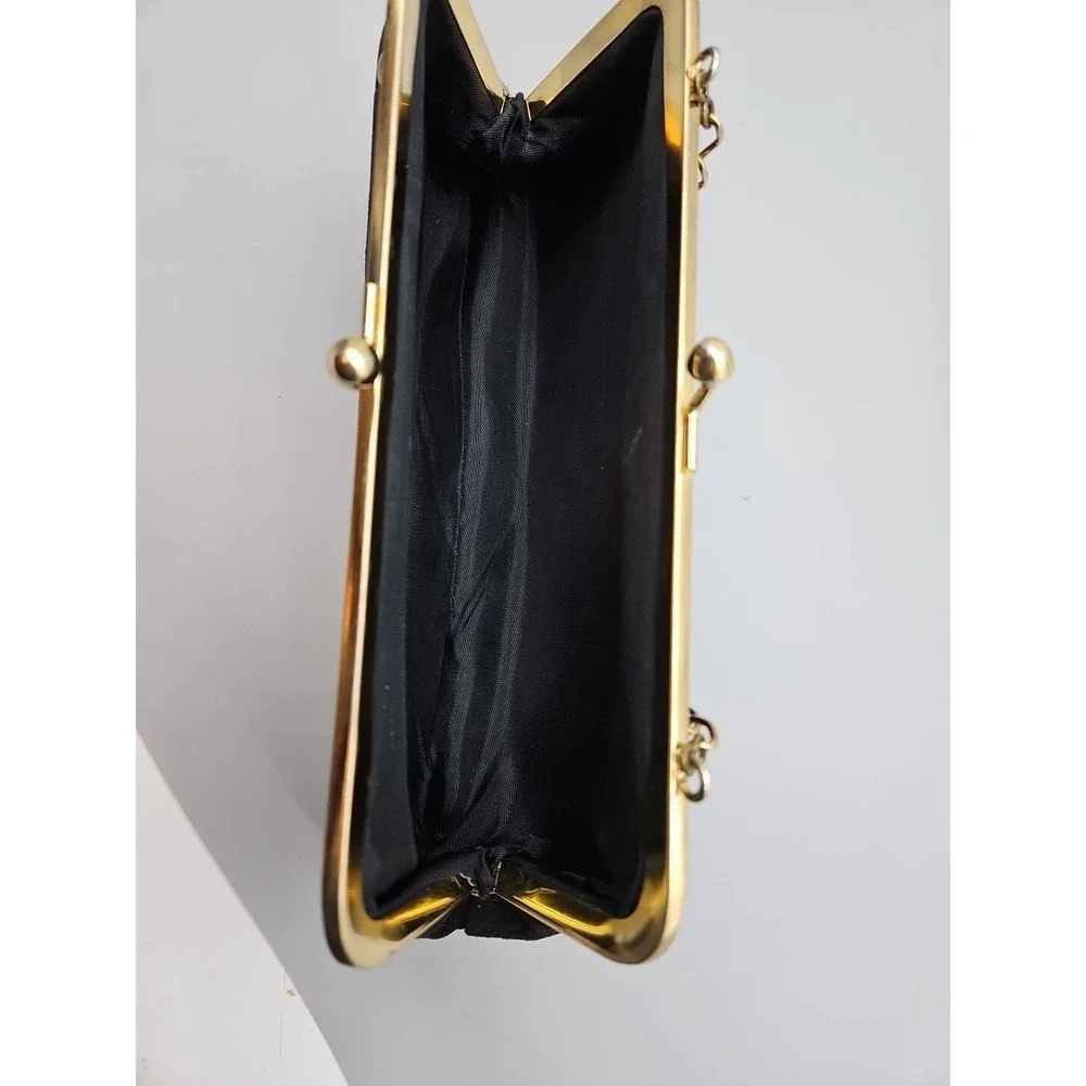 Vintage Black Suede Kiss Lock Evening Clutch Gold Studded Chain Strap Bag